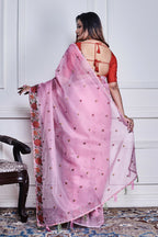 Morchari Pink Supernet Cross Embroidery Saree Unstitched Blouse | Grocsy