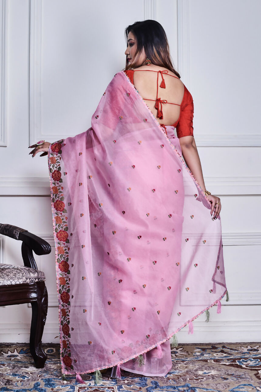 Morchari Pink Supernet Cross Embroidery Saree Unstitched Blouse | Grocsy