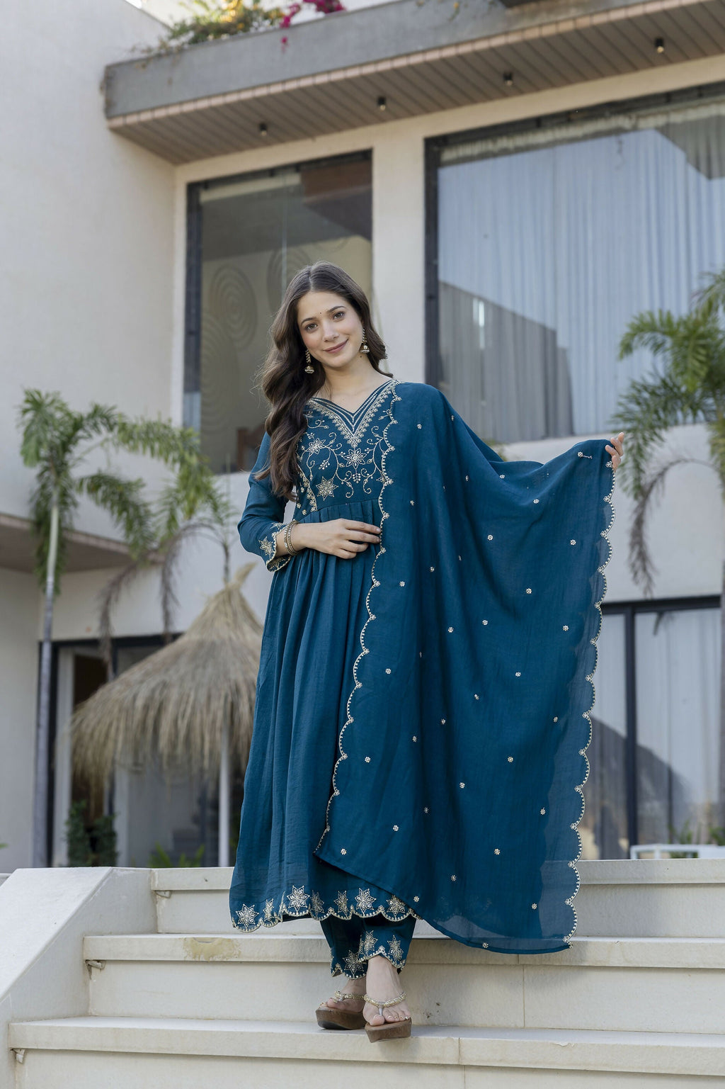 The52 Women's Beautiful Embroidery Work Vichitra Silk Fabric Flared Anarkali Pant and Dupatta Set | Grocsy