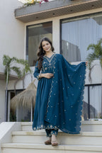 The52 Women's Beautiful Embroidery Work Vichitra Silk Fabric Flared Anarkali Pant and Dupatta Set | Grocsy