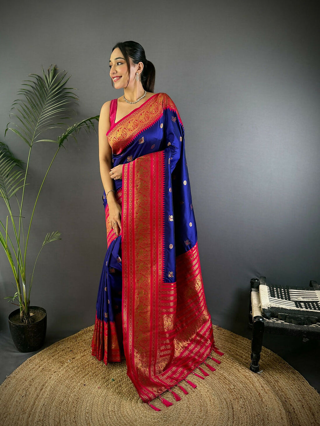 Joban Fashion Banarasi Navy Blue Woven Soft Silk Saree | Grocsy