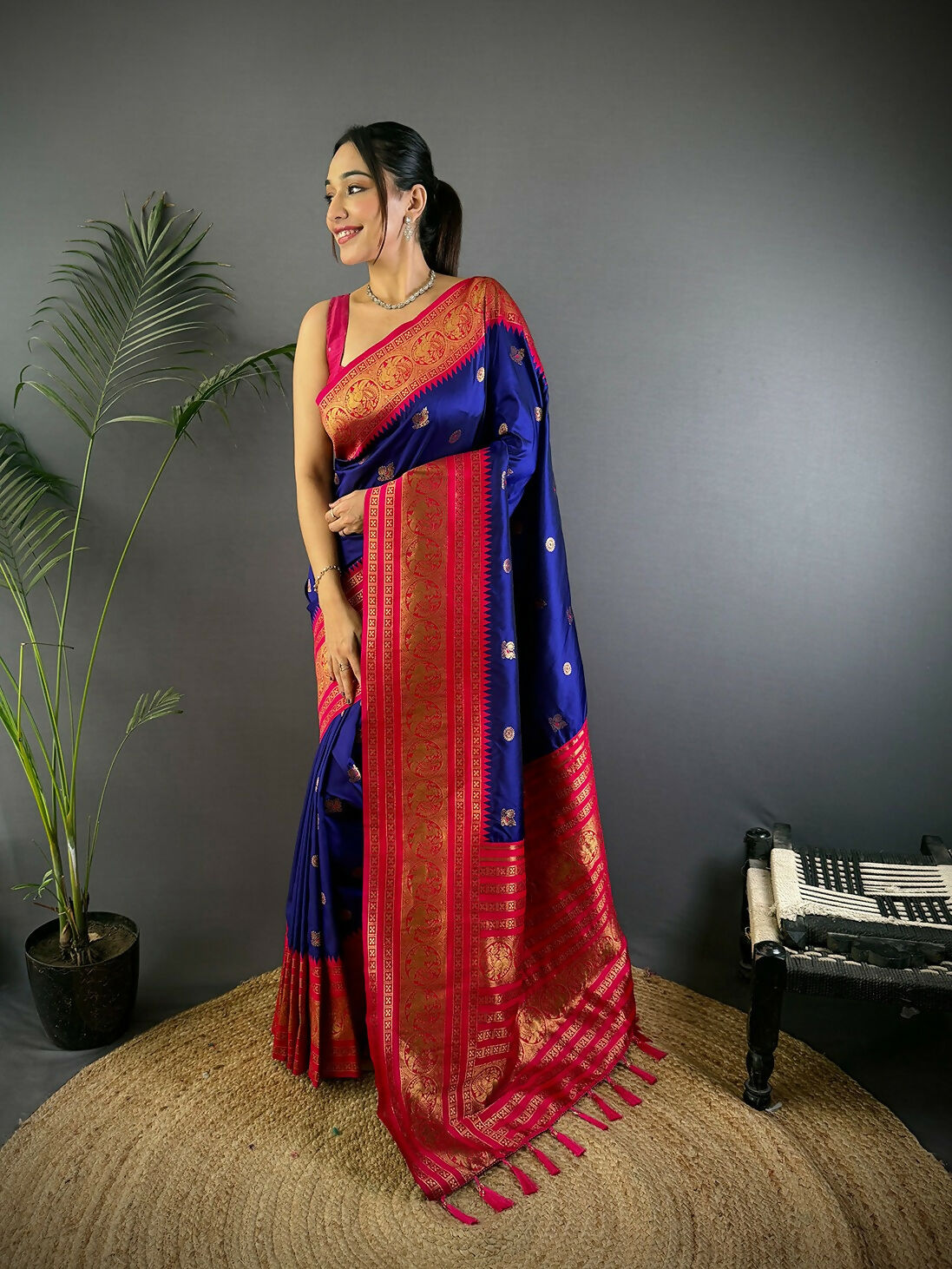 Joban Fashion Banarasi Navy Blue Woven Soft Silk Saree | Grocsy