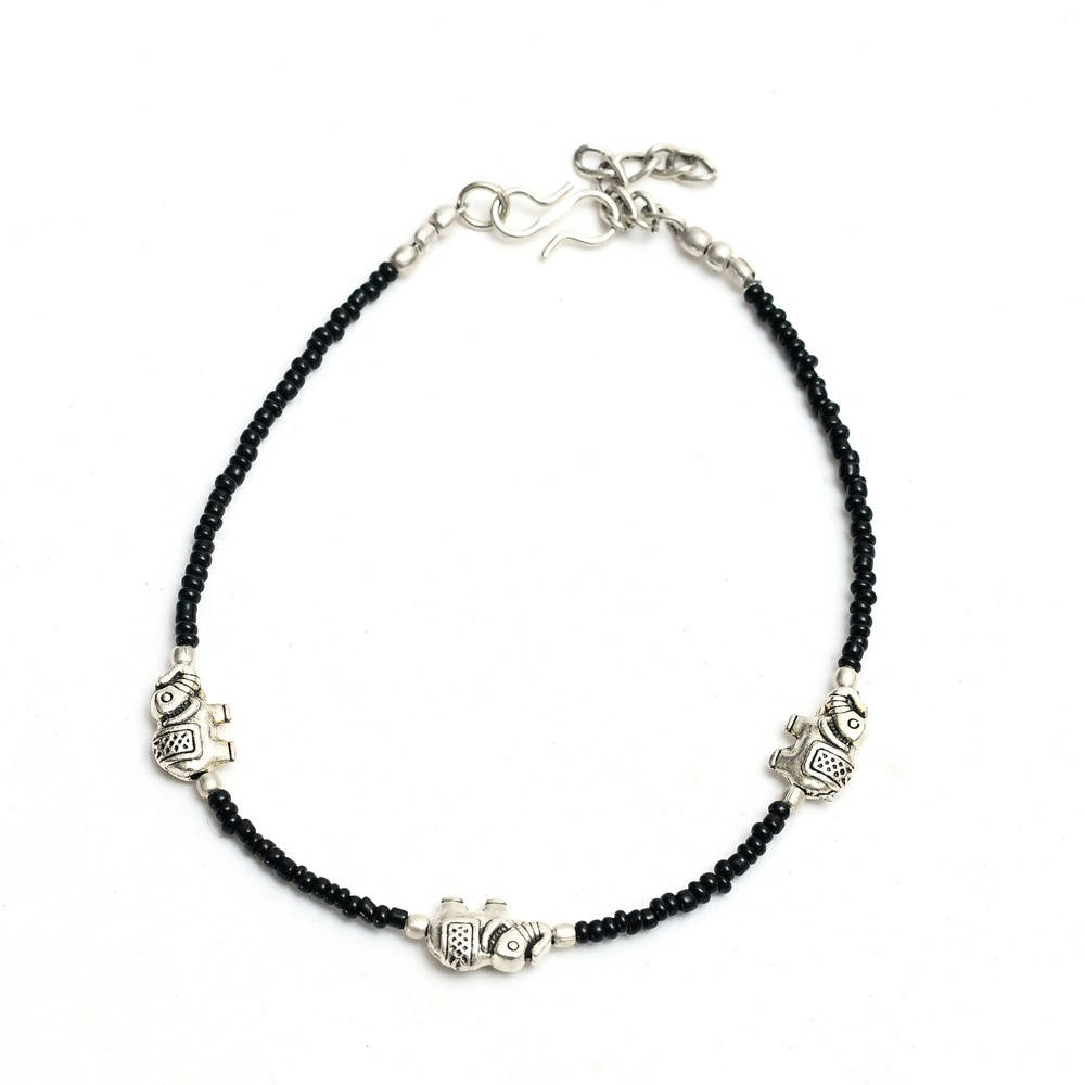 Mominos Fashion Kamal Johar Oxidised Elephant Design Silver/Black Anklets | Grocsy