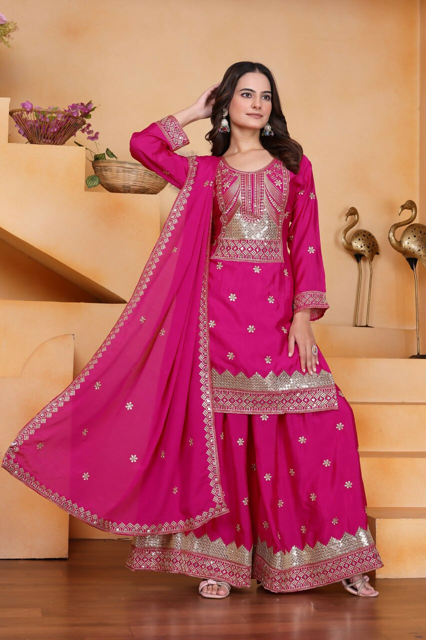 Joban Fashion Pink Silk Embroidered Sharara Set | Grocsy