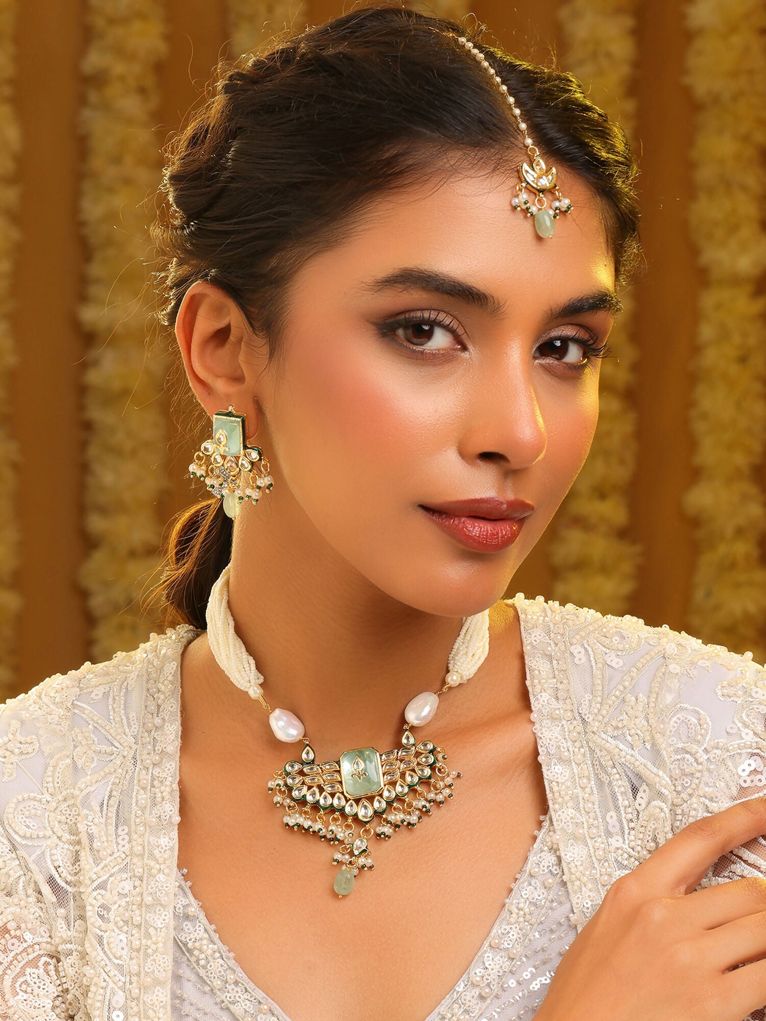 Ruby Raang Pearl Glow Necklace With Matching Earrings And Maang Tikka | Grocsy