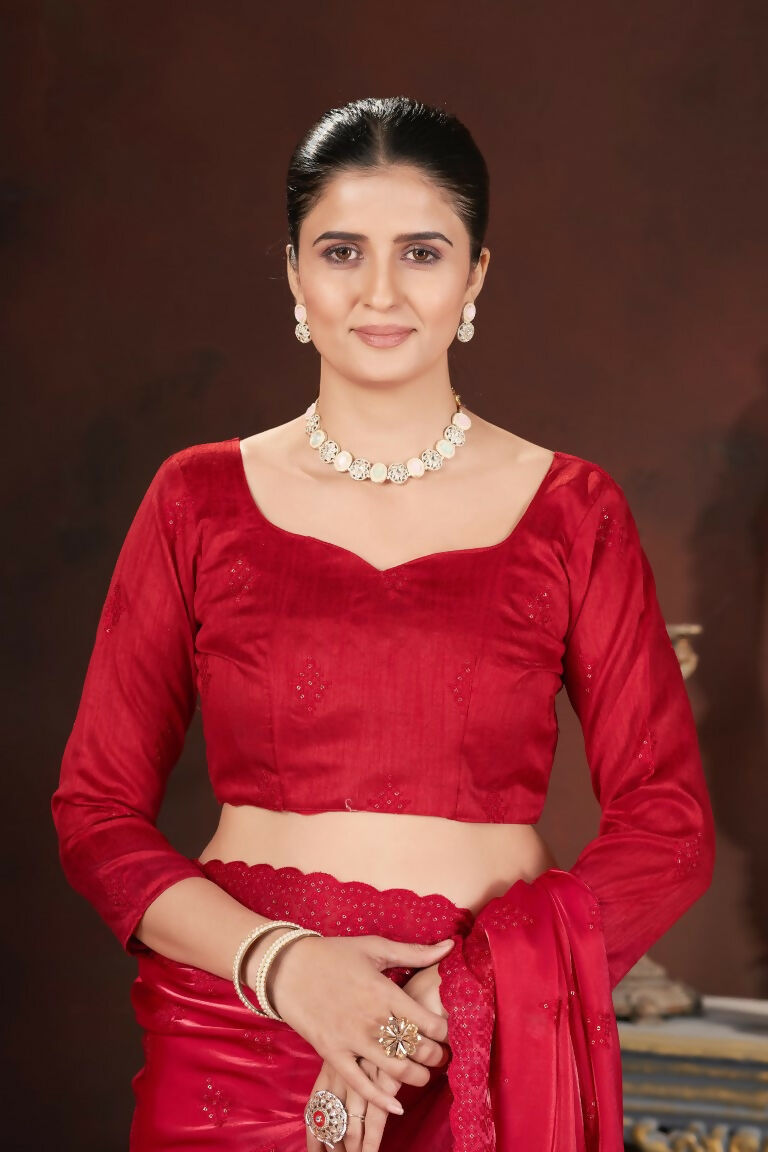 Vastranavya Red Jimmy Choo Silk 3mm Sequence work with Cross Stitch Embroidery work & Cutwork Border Saree | Grocsy