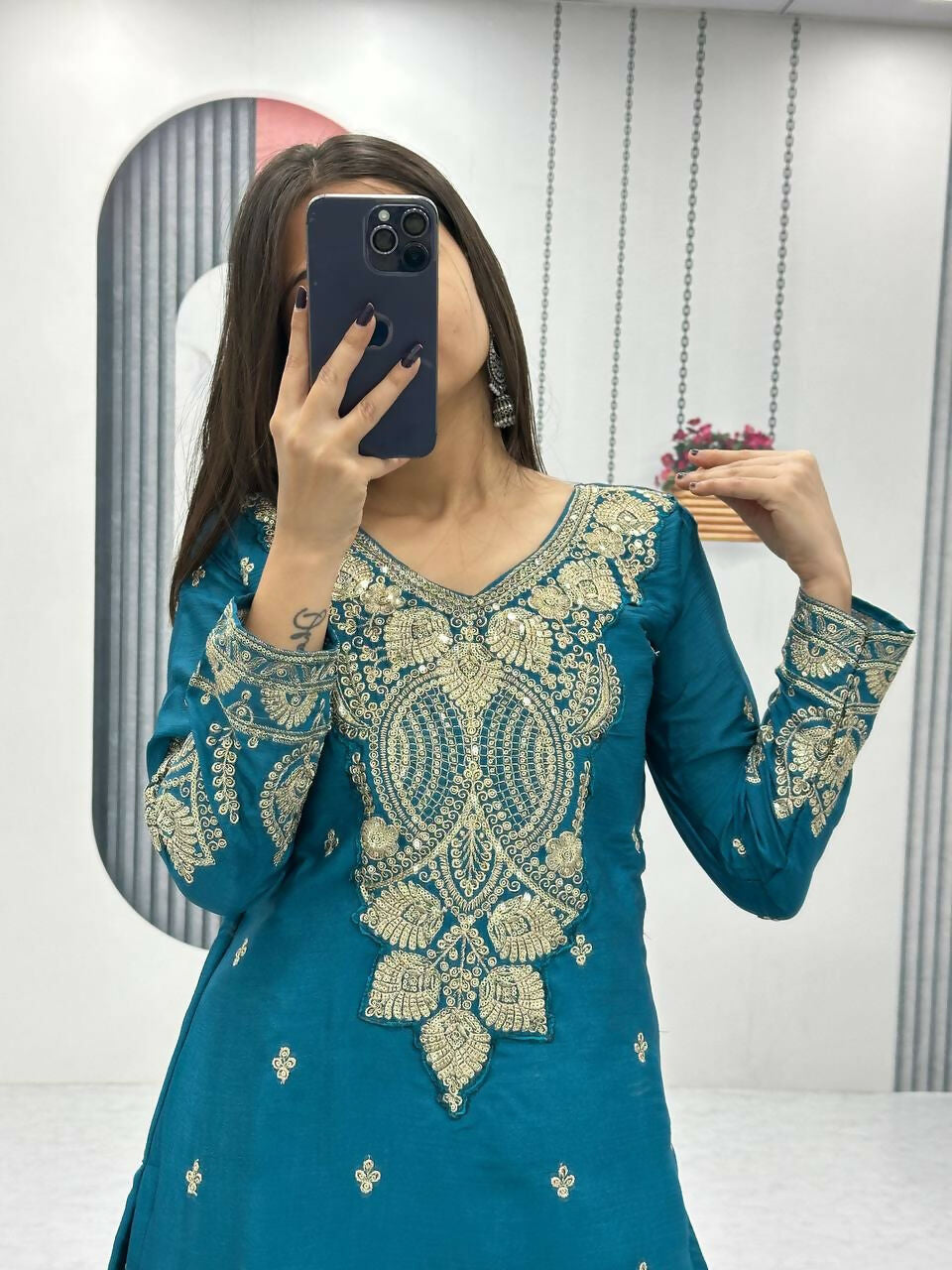 Teeya Creation Womens New Wedding Wear Heavy Embroidery Thread Work Teal Kurta Set | Grocsy