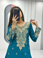 Teeya Creation Womens New Wedding Wear Heavy Embroidery Thread Work Teal Kurta Set | Grocsy