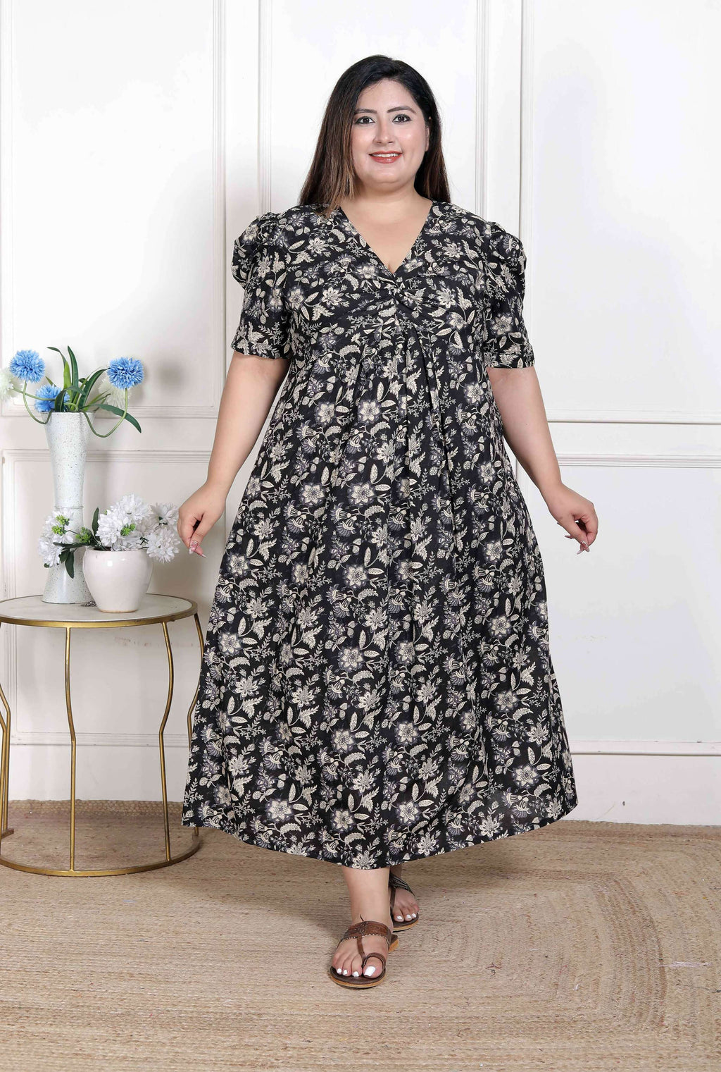 Miravan Women's Plus Size Pleated Puff Sleeve Floral Pure Cotton Black And White Butterfly Maxi Dress | Grocsy