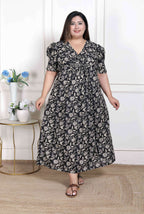 Miravan Women's Plus Size Pleated Puff Sleeve Floral Pure Cotton Black And White Butterfly Maxi Dress | Grocsy
