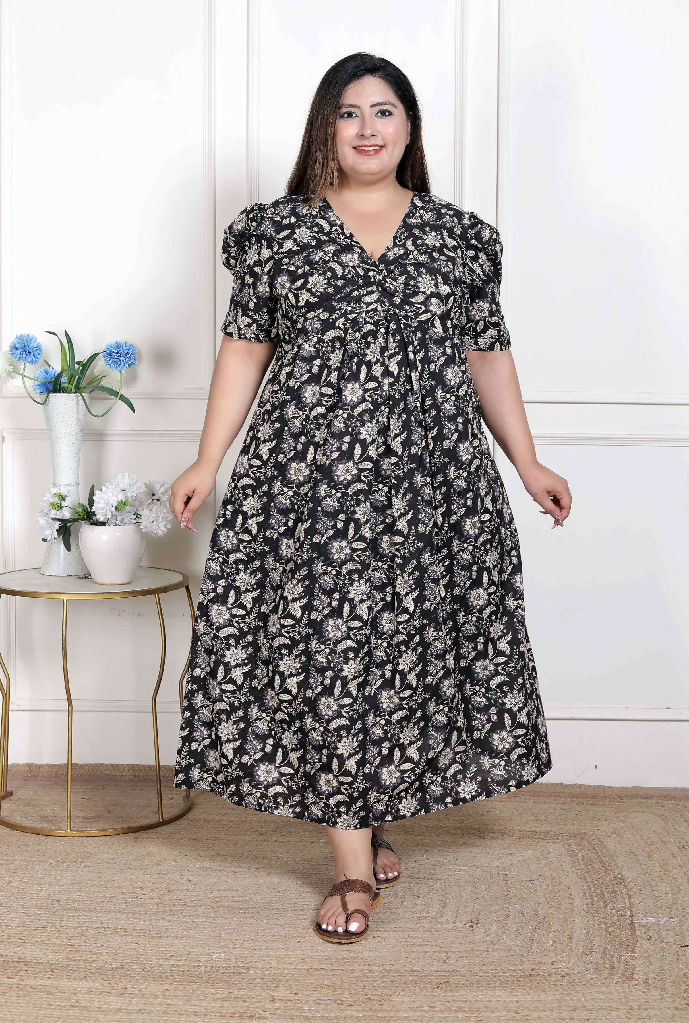 Miravan Women's Plus Size Pleated Puff Sleeve Floral Pure Cotton Black And White Butterfly Maxi Dress | Grocsy