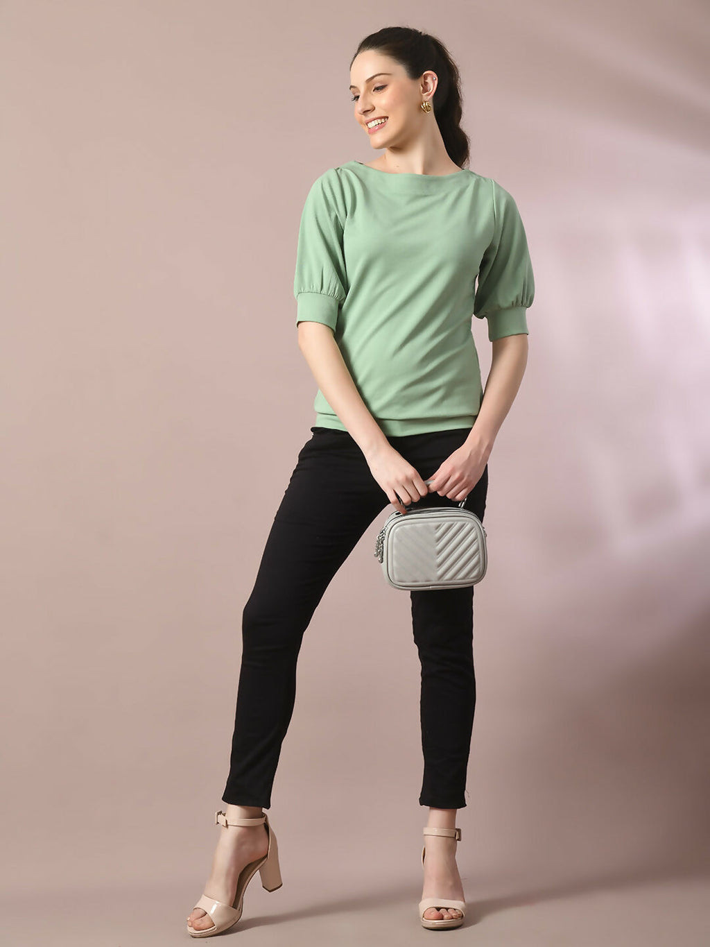 Myshka Women's Sea Green Solid Boat Neck Party Top | Grocsy