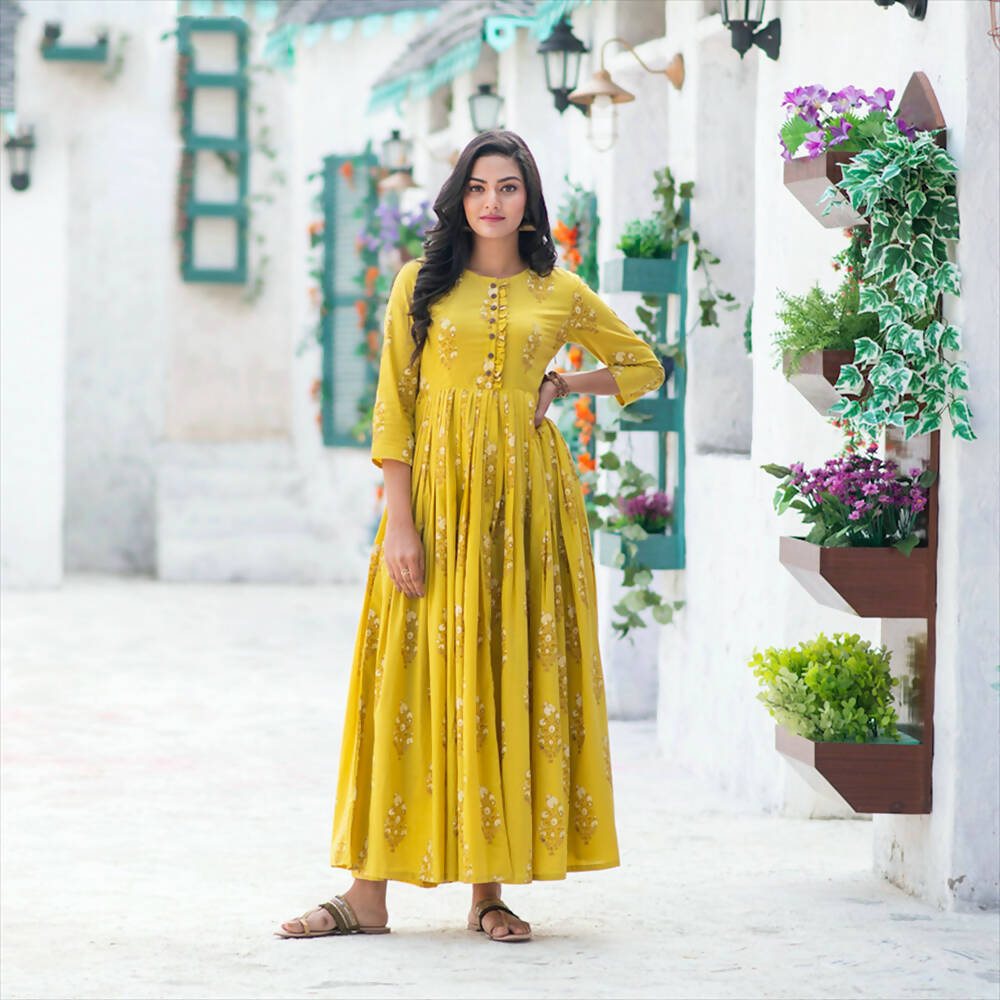 Partywear Designer Digital Printed Lemon Yellow Pure Maslin Gown - Anbazaar | Grocsy