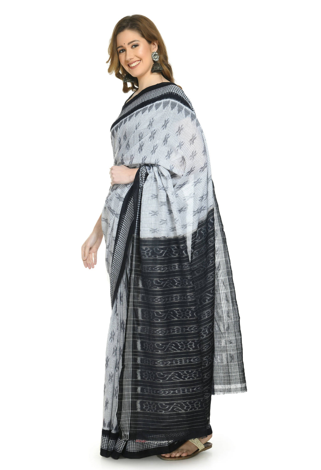 Vamika Sambalpuri Ikat Cotton Dehabandha White & Black Checks Saree | Grocsy