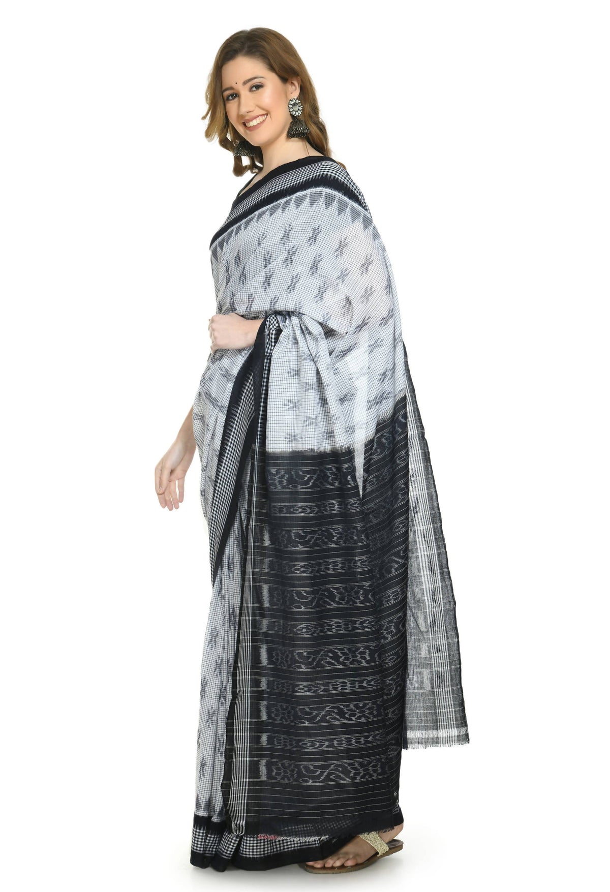 Vamika Sambalpuri Ikat Cotton Dehabandha White & Black Checks Saree | Grocsy