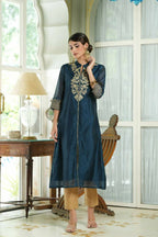 Juniper Blue Chanderi Festive Embroidered Polka Dot Printed A-Line Kurta For Women | Grocsy