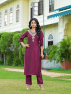 Juniper Women's Wine Solid Viscose Kurta Pant With Dupatta Set With Zari & Mirror Embroidery | Grocsy