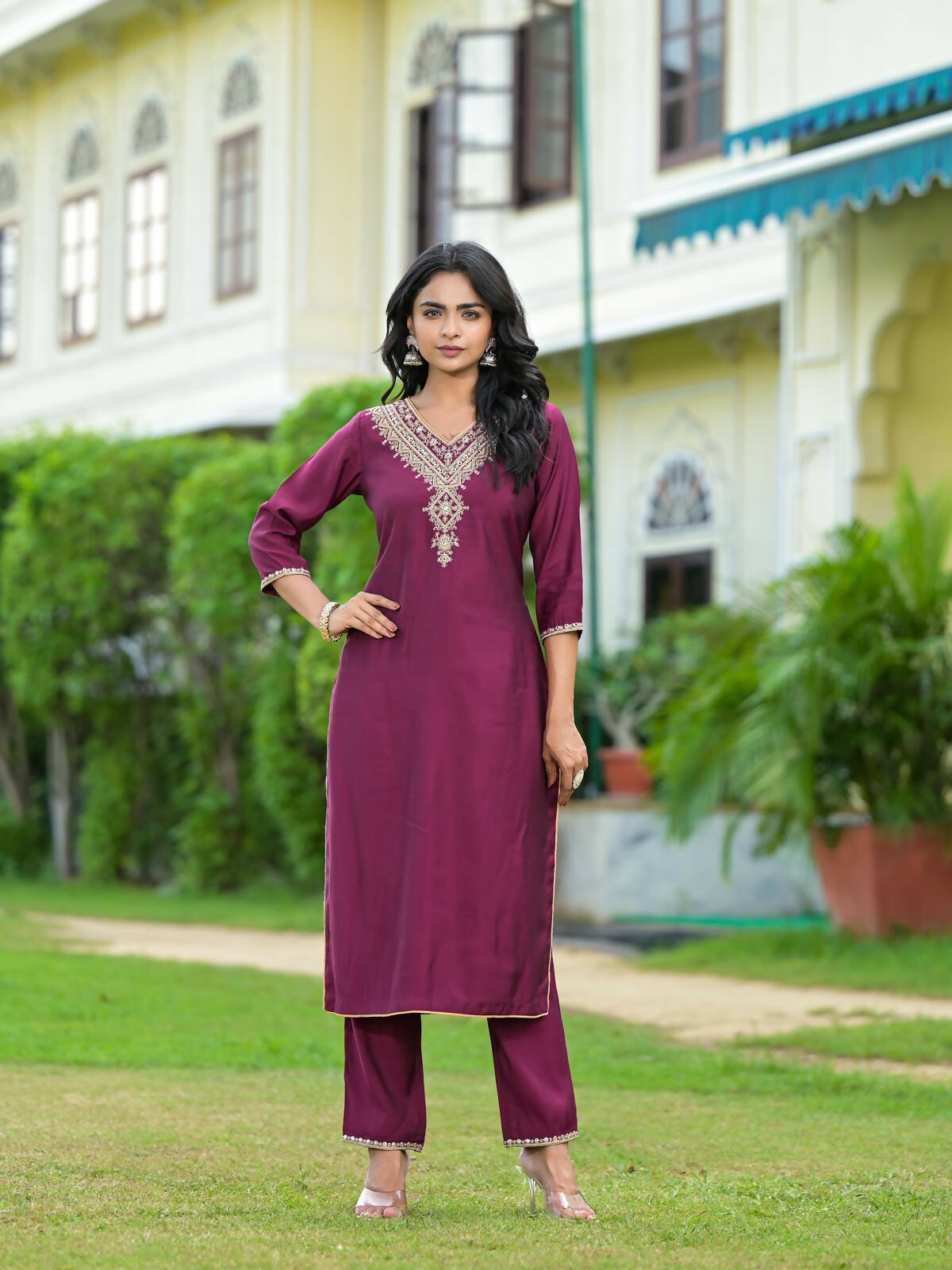 Juniper Women's Wine Solid Viscose Kurta Pant With Dupatta Set With Zari & Mirror Embroidery | Grocsy