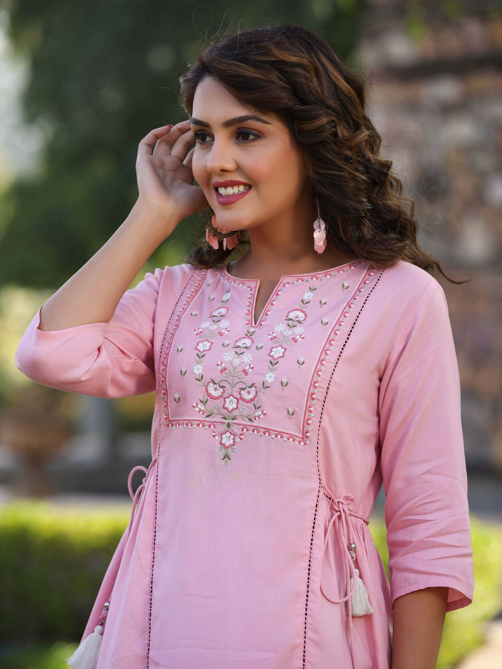 Juniper Women's Pink Rayon Staple Solid With Embroidery Straight Tunic | Grocsy