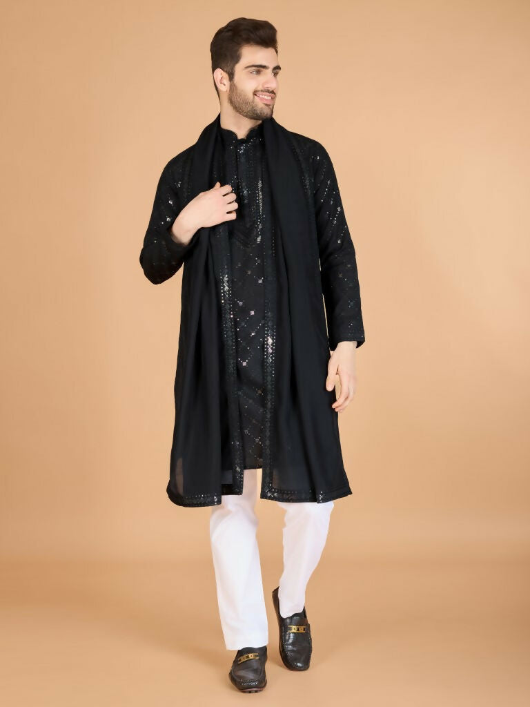 Vastranavya Black Exclusive Festival Wear Viscose Silk Thread & Sequence Embroidered Work Kurta with Dupatta | Grocsy