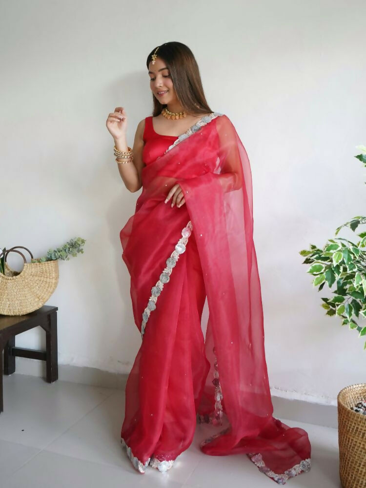 Vamsee Vanshika Red Organza Saree | Grocsy