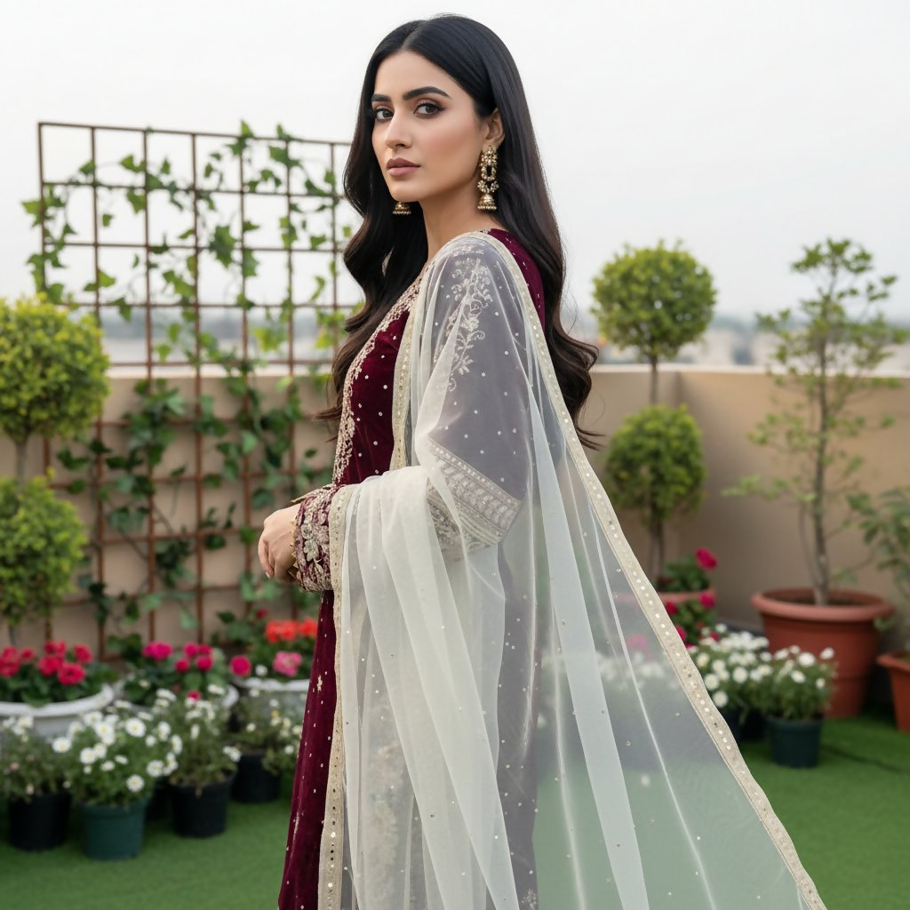 Teeya Creation Maroon Color Velvet Designer Embroidery Work party Wear Suit | Grocsy