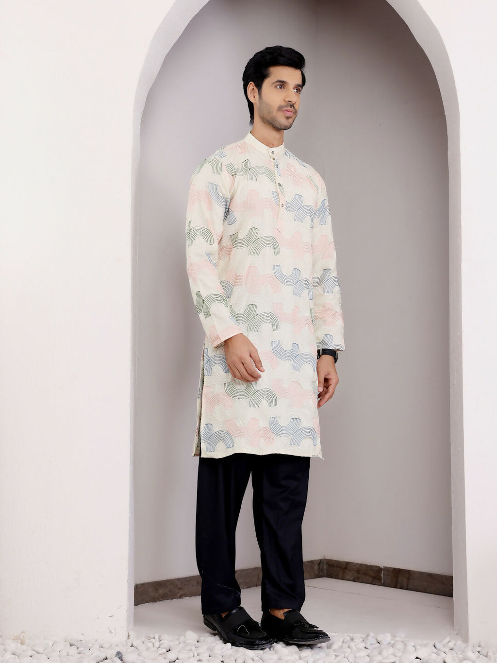 Cream Linen Designer Embroidery Work Men's Rajwadi Kurta Set - Mahotsav | Grocsy