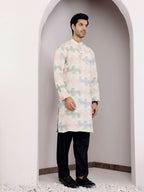 Cream Linen Designer Embroidery Work Men's Rajwadi Kurta Set - Mahotsav | Grocsy