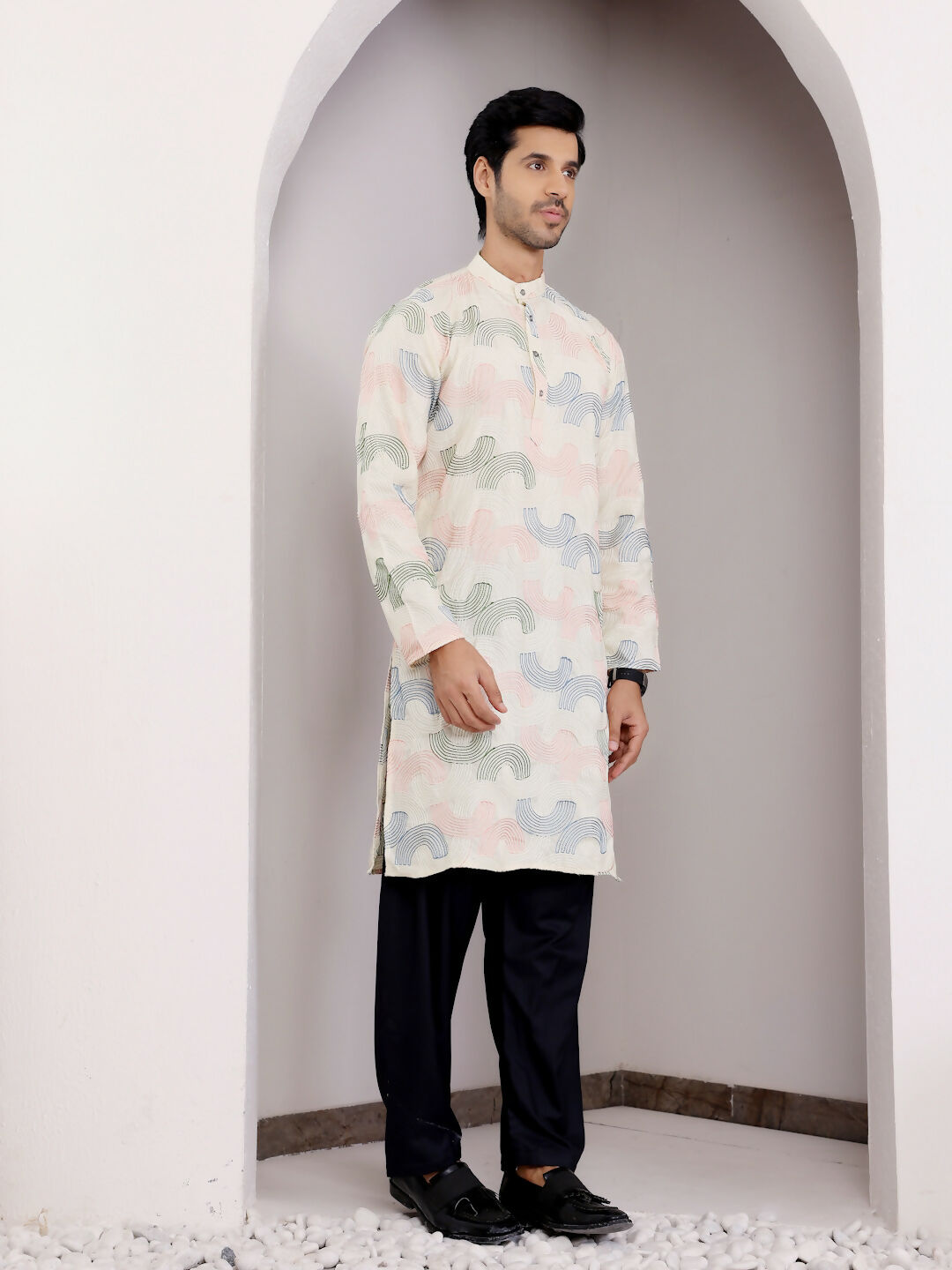Cream Linen Designer Embroidery Work Men's Rajwadi Kurta Set - Mahotsav | Grocsy