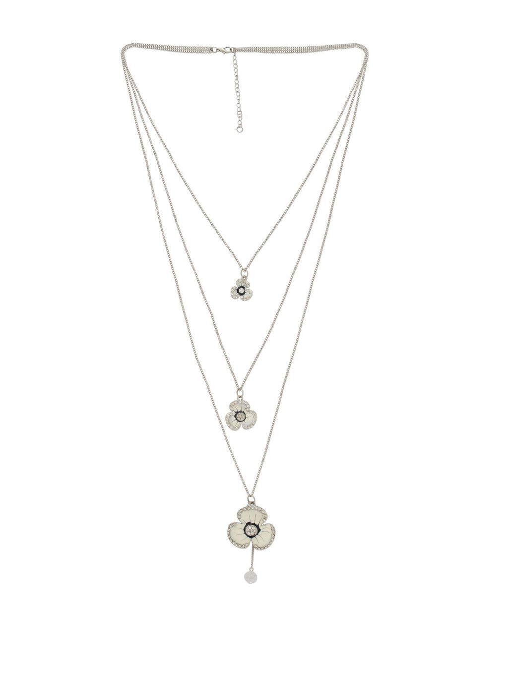 Silver-Plated Alloy Long Three Chain Flower Necklace - The Pari | Grocsy