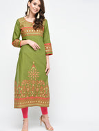 Cheera Hand Block Print Olive green Color Straight Kurta | Grocsy
