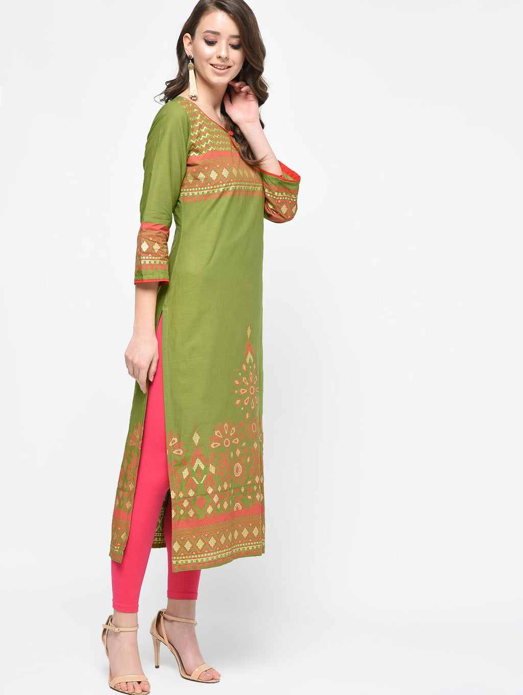 Cheera Hand Block Print Olive green Color Straight Kurta | Grocsy
