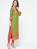 Cheera Hand Block Print Olive green Color Straight Kurta | Grocsy