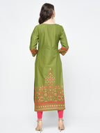 Cheera Hand Block Print Olive green Color Straight Kurta | Grocsy