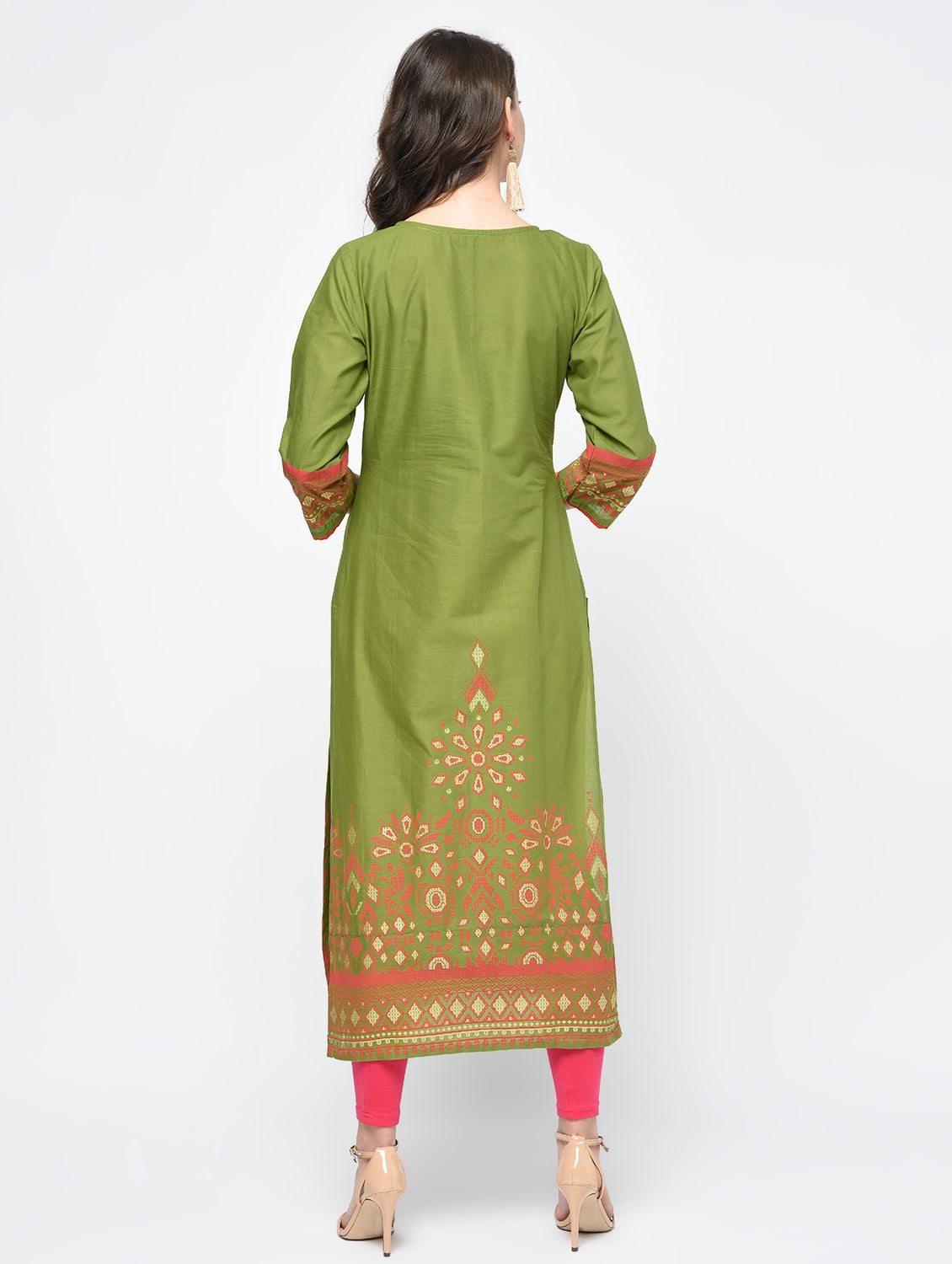 Cheera Hand Block Print Olive green Color Straight Kurta | Grocsy