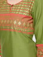 Cheera Hand Block Print Olive green Color Straight Kurta | Grocsy