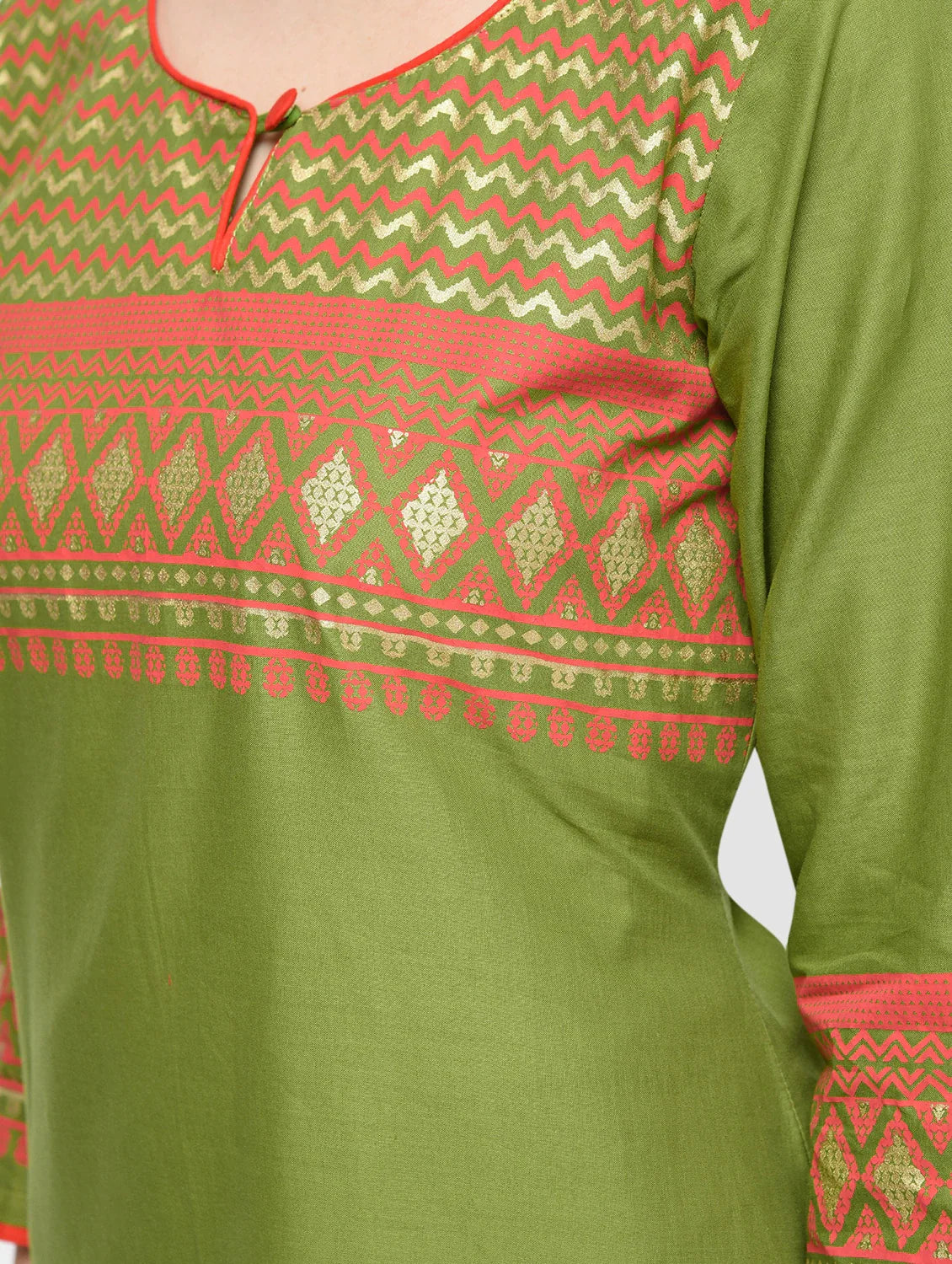 Cheera Hand Block Print Olive green Color Straight Kurta | Grocsy