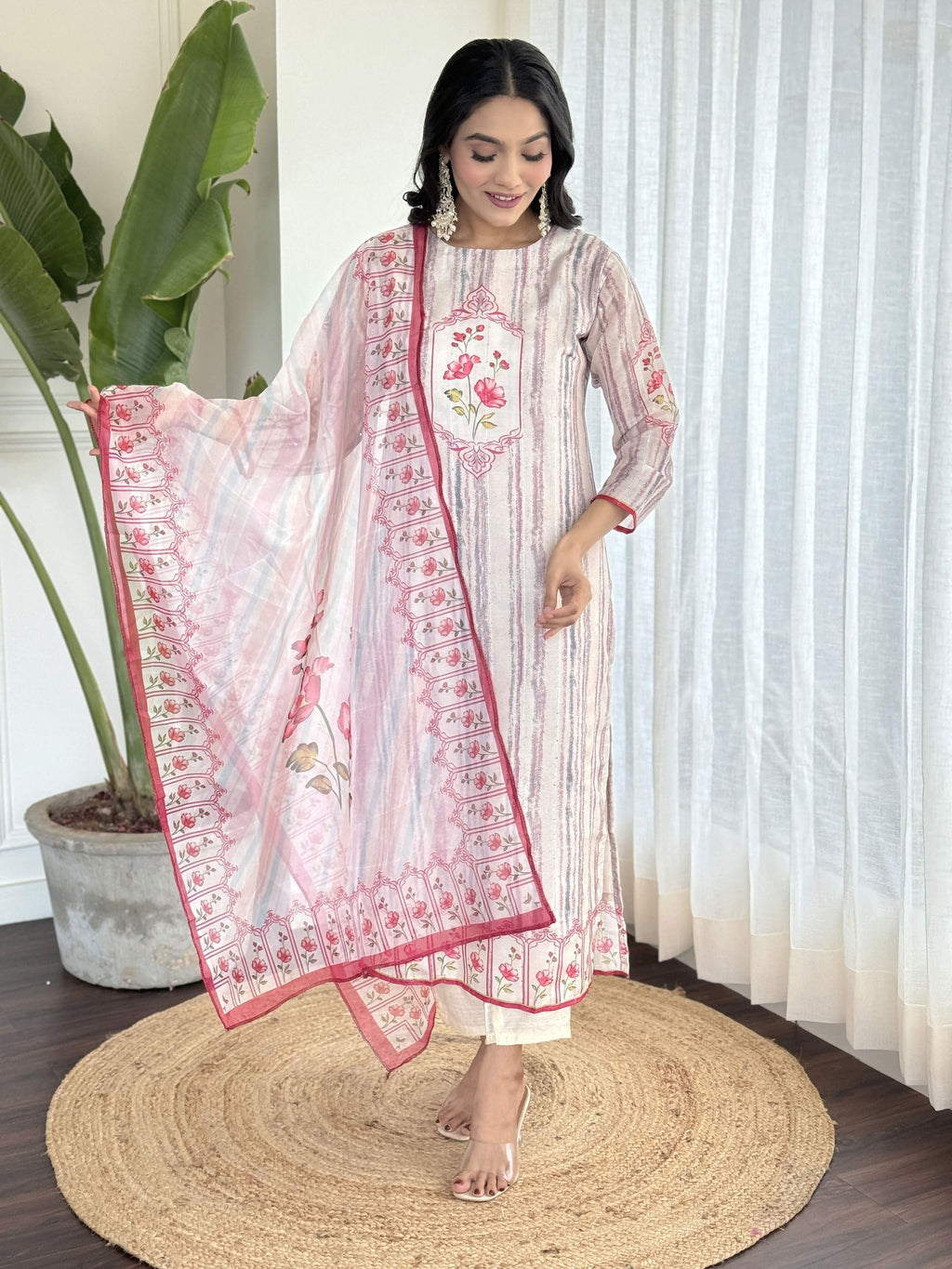 White Multi Viscose Chanderi Stitched Suit With Dupatta - Tanisha | Grocsy