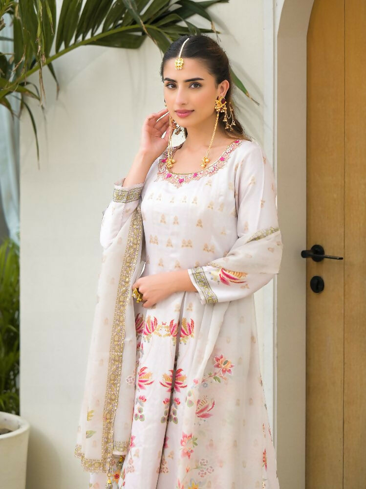 Functional Designer Off white Jam Silk Anarkali suit with Dupatta-Anbazaar | Grocsy