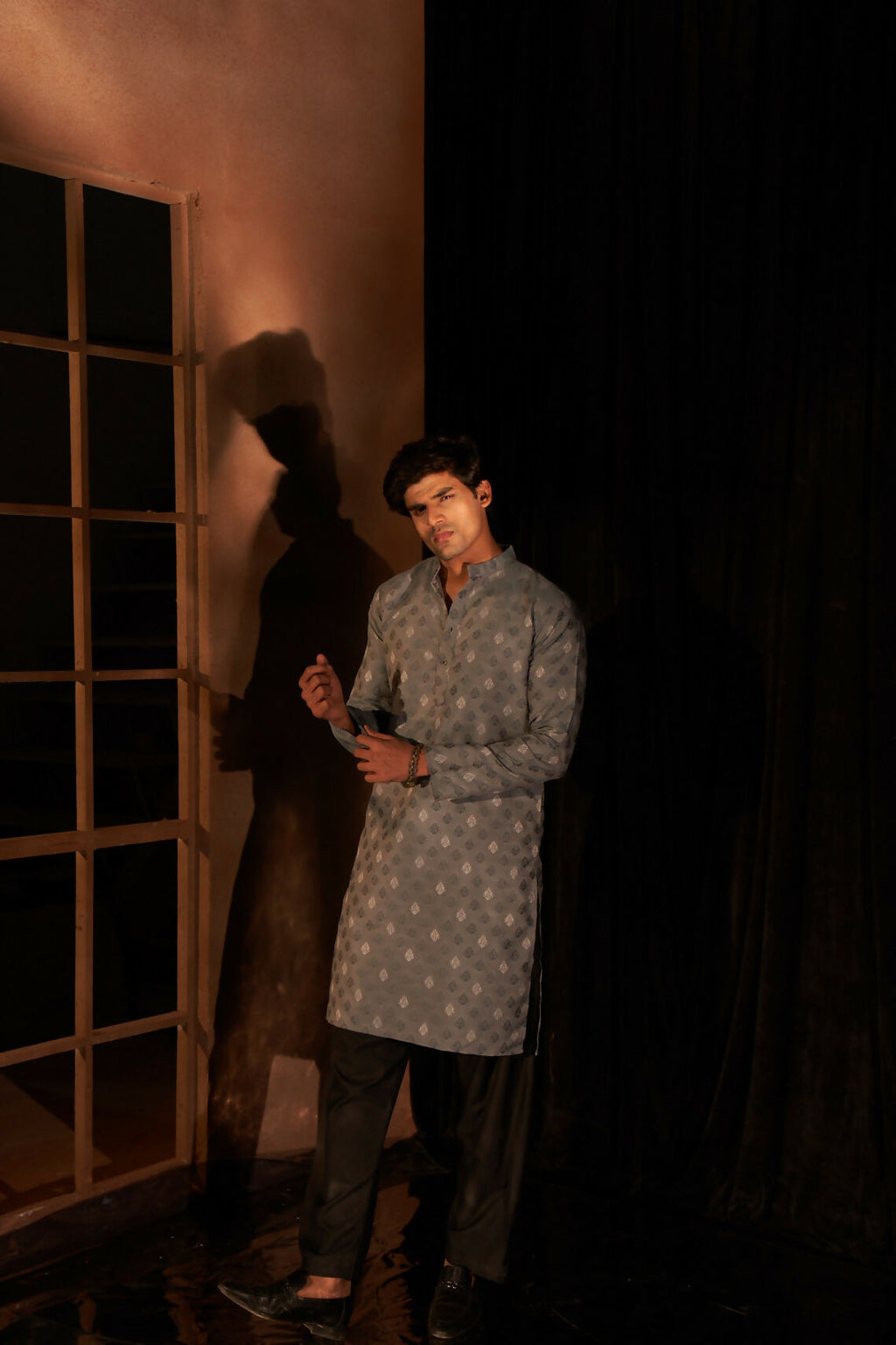Greyish Blue Viscose Wevon Designer Men's Kurta Set - Mahotsav | Grocsy
