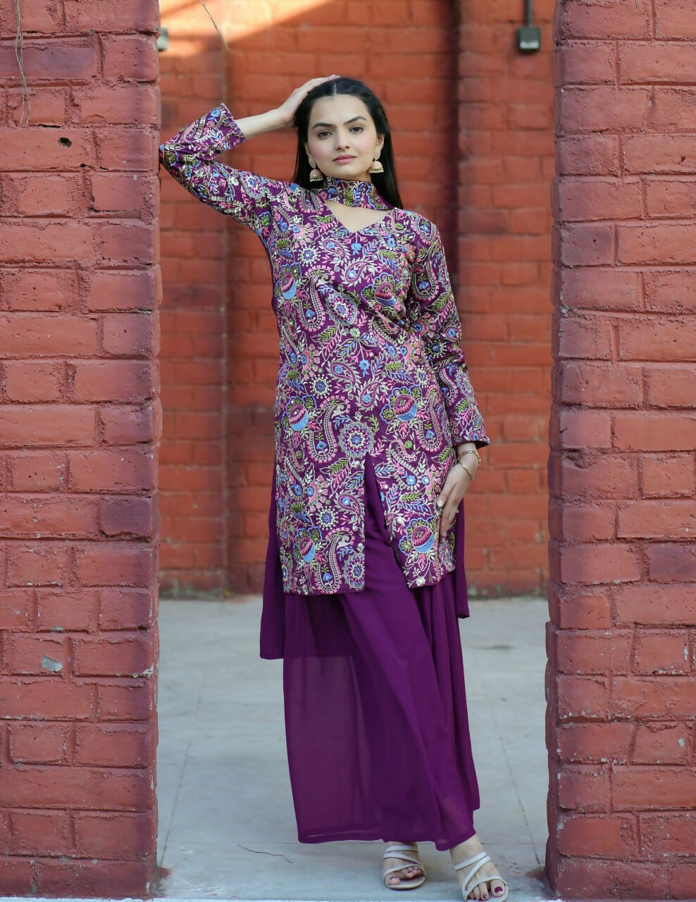 Joban Fashion Wine Silk Embroidered Sharara Set | Grocsy