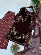 Vastranavya Wine Velvet Sequence Embroidery Work Kurta & Palazzo With Dupatta | Grocsy