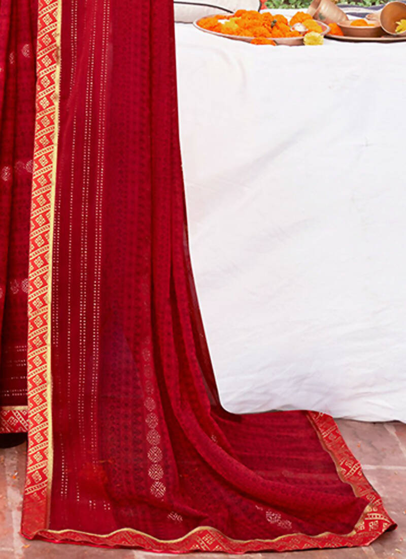Red Georgette Foil Printed Saree with Unstitched Blouse Piece - Avika | Grocsy