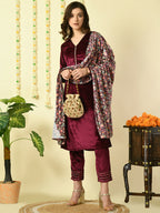 Myshka Women's Magenta Velvet Kurta & Trousers With Dupatta Party Sets | Grocsy
