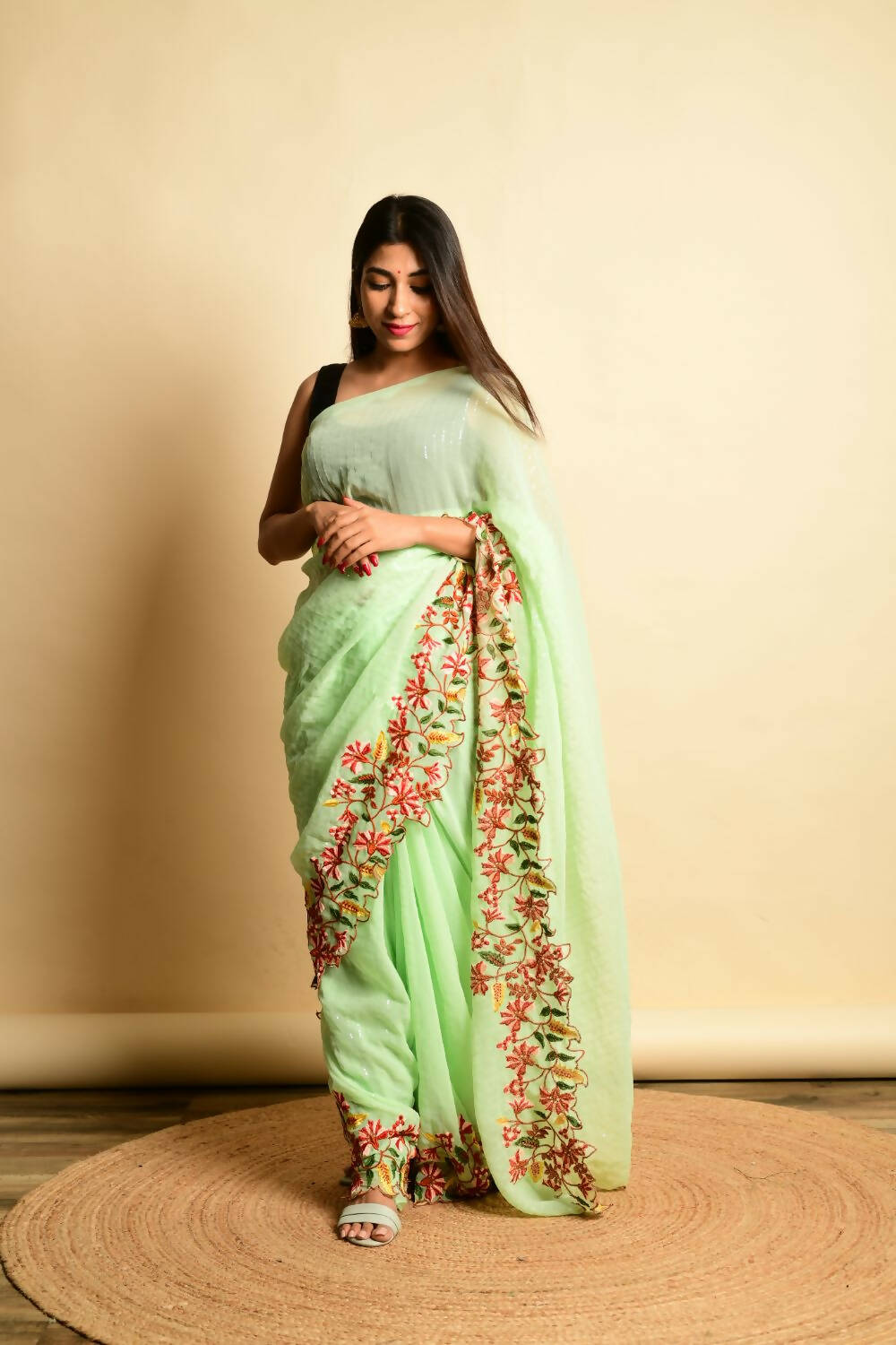 Vamsee Green Georgette Designer Saree | Grocsy