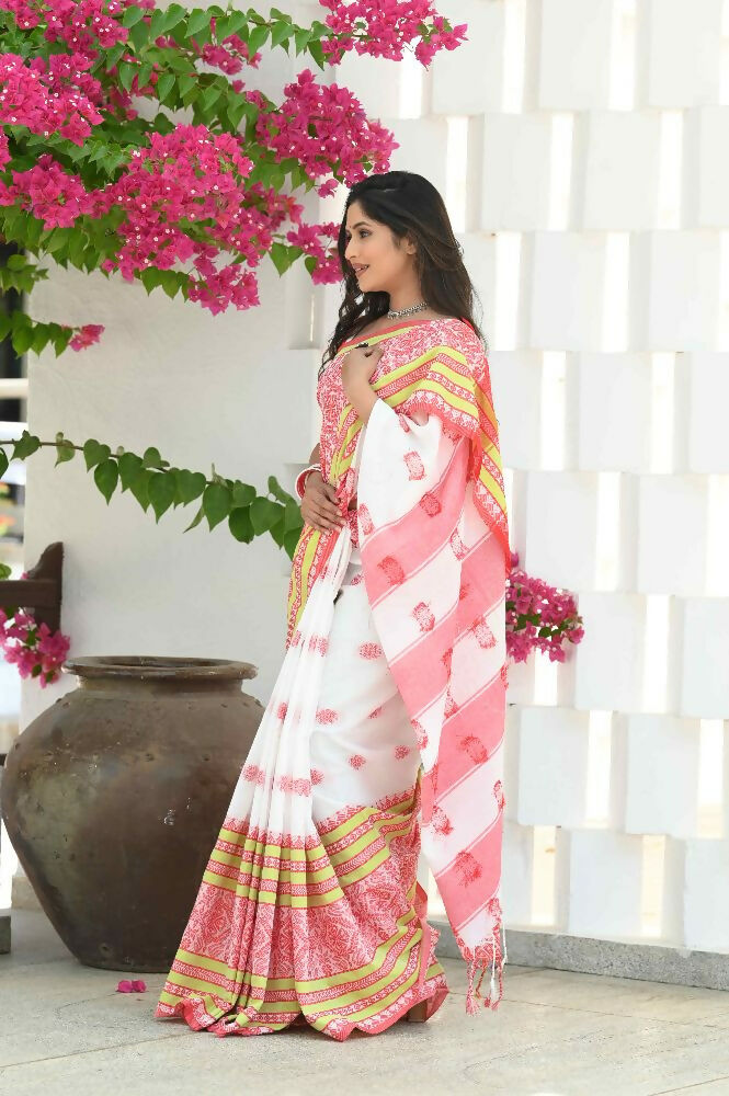 Beatitude White Cotton Handloom Jamdani Saree | Grocsy