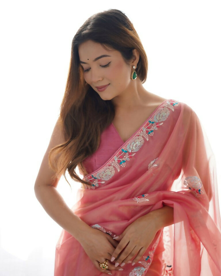 Peach Gold Twill Net Multy Thread, Sequance Embroidery Work Saree - Kriti | Grocsy