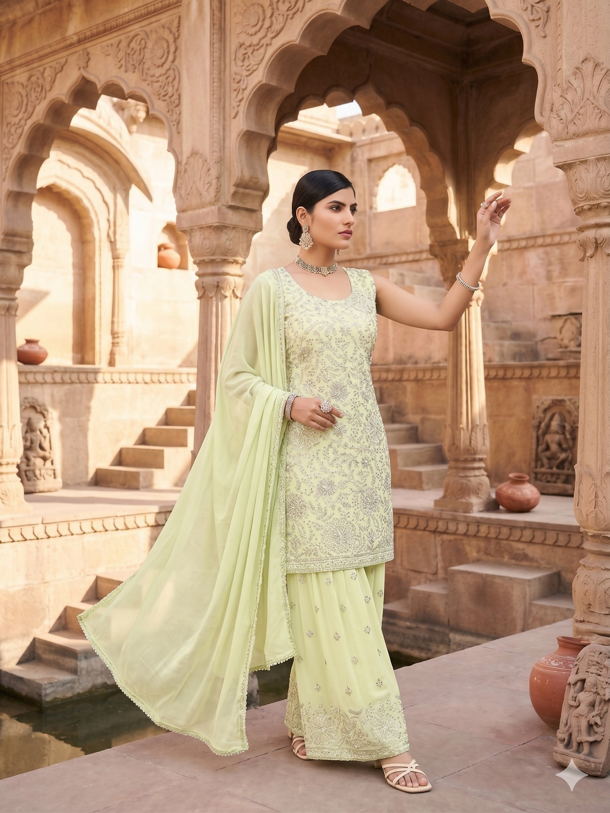 Teeya Creation Womens Georgette Green Embroidered Sharara Set With Sequence Work And Lace Border Dupatta | Grocsy