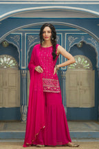 Juniper Ethnic Motif Printed Georgette Kurta Sharara & Chiffon Dupatta Set With Thread Work Embroidery | Grocsy