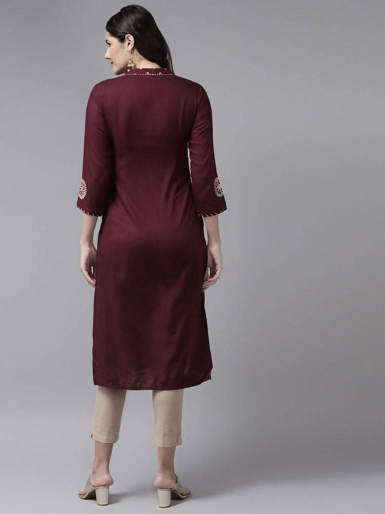 Yufta Women Maroon Ethnic Motifs Embroidered Kurta | Grocsy